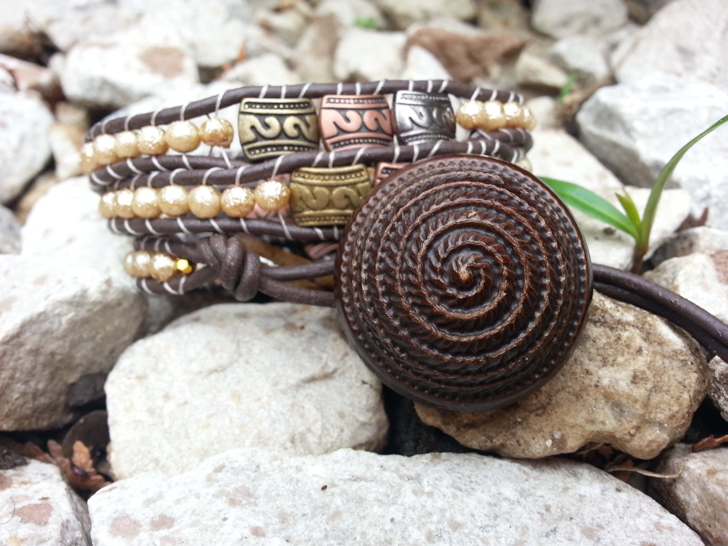 Handmade Triple wrap Chan Luu Style wrap bracelet with Vintage Bakelite Button