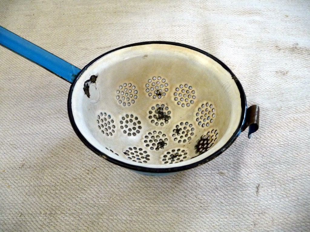 Vintage Enamel Colander Strainer French Blue White French Cottage