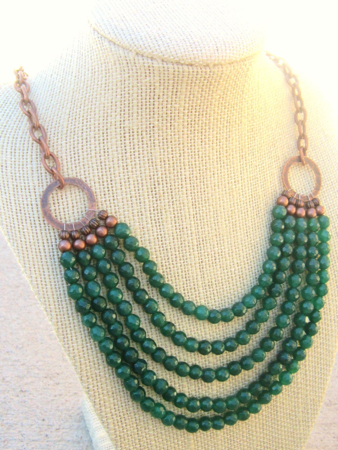 Jade Bib Necklace. Multi Strand Green Jade Necklace. Copper Chain 5 Strand Necklace. Beadwork Necklace. Statement. Jade Jewelry