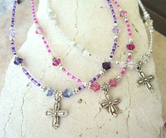 Children's Cross Necklace. Baptism Gift. Flower by JensBeadBox