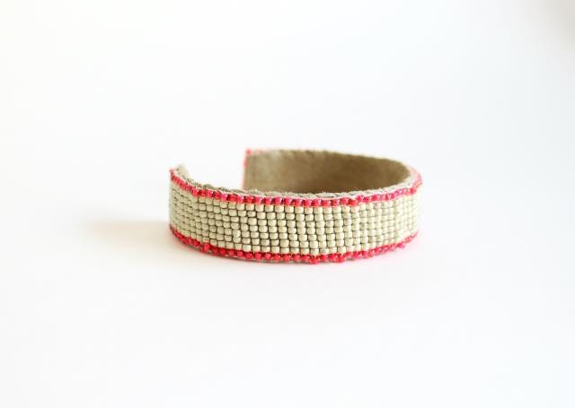 loom woven seed bead cuff - gray and hot pink
