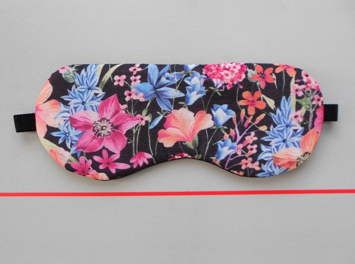 Summer Flower Meadow Floral Cotton Black Satin Handmade Sleep Eye Mask / Holiday Accessory