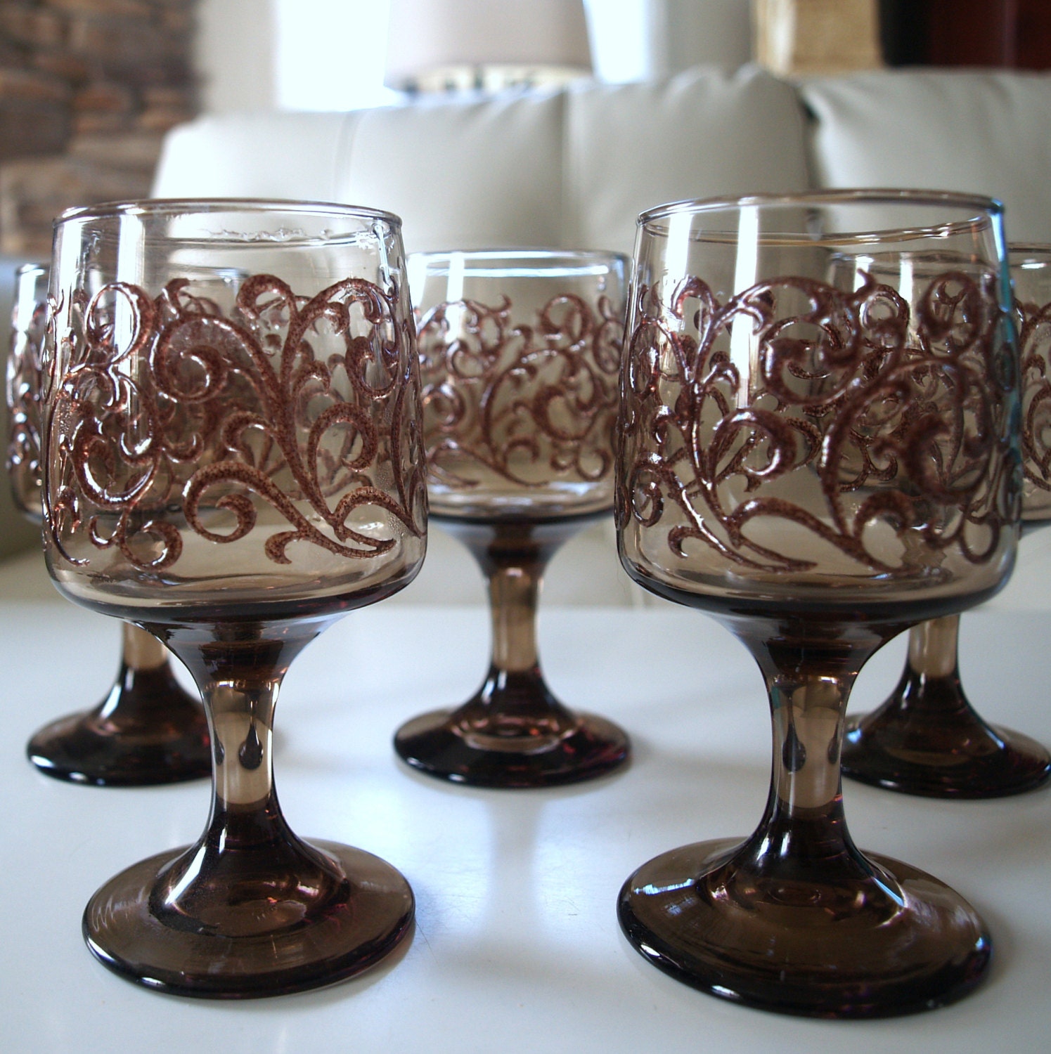 MAD MEN PARTY Vintage Glasses Lovely Smoked Glass Pedestal Stemware Wine Glasses Set of 5 Raised Scroll Pattern Mid Century  Barware