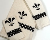 Embroidery  Flore De Lis Ribbon Dots Brown  on Cream Bath Towel Hand Towel  Wash Cloth