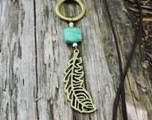Square Turquoise Necklace, Brown Cord with Square Turquoise and Feather, Woodland Feather Hippie Jewelry