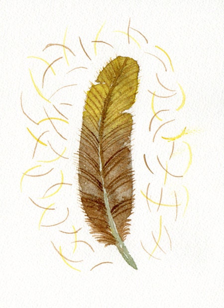 Bird feather art Original watercolor painting Hand painted art card Yellow brown nursery decor