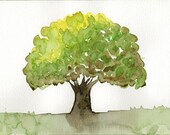 Original watercolor Tree art painting Spring decor Green Brown