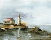 Original Lighthouse Watercolor sea ocean art painting Summer home decor Blue Brown