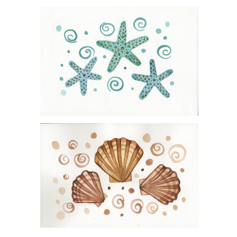 Original watercolor Set of two illustrations starfish and seashell art painting Baby nursery decor Kids room decor