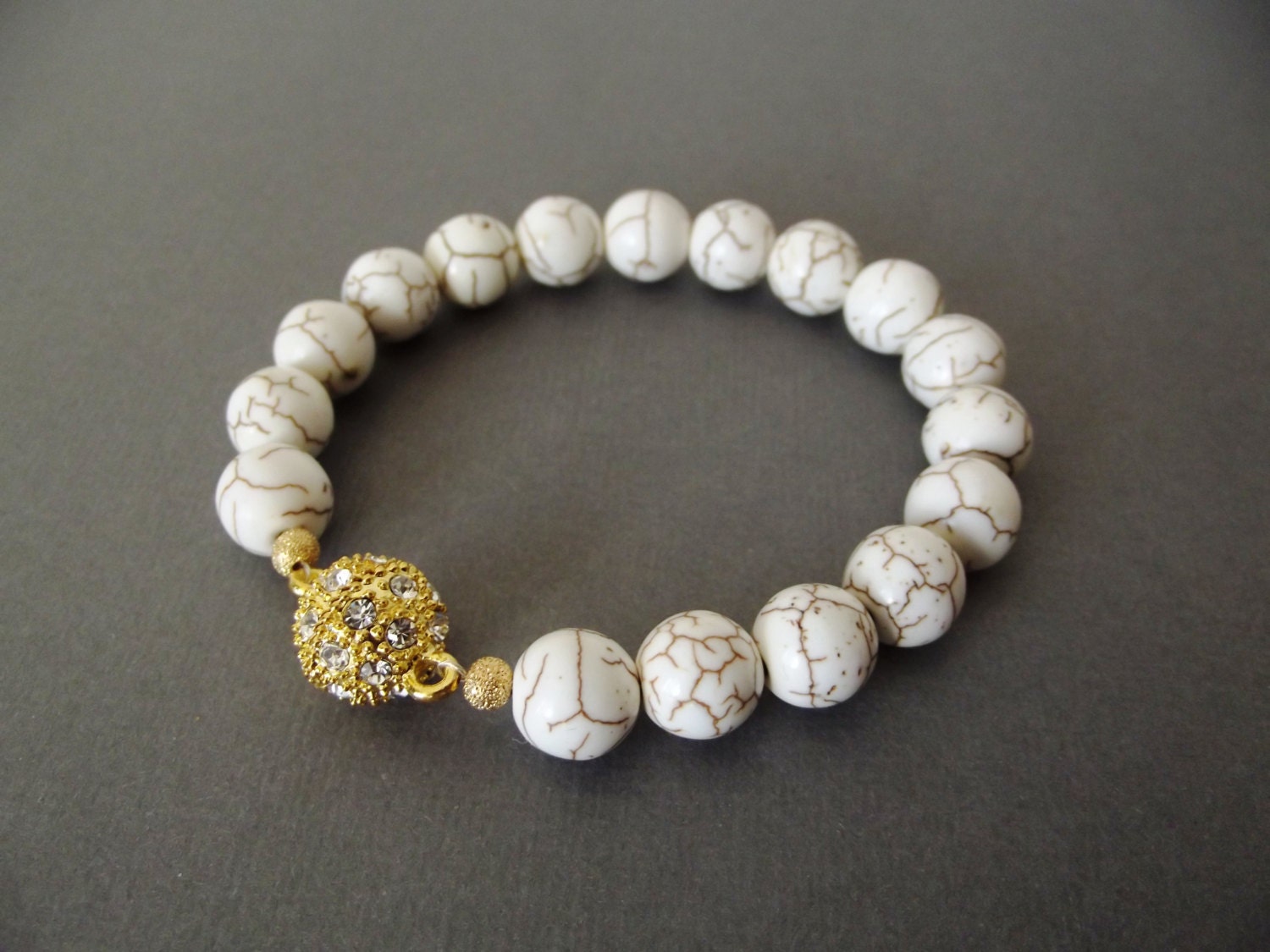 White Marble Howlite and Gold Crystal Clasp Bracelet