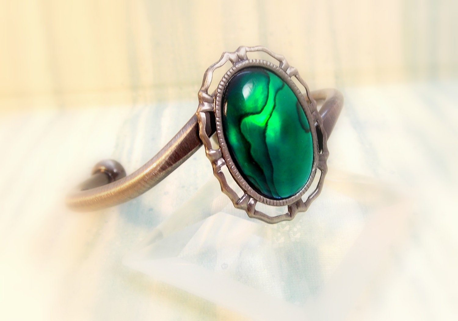 Emerald Green Puka Shell Abalone Stone on Vintage Style Cuff Bracelet