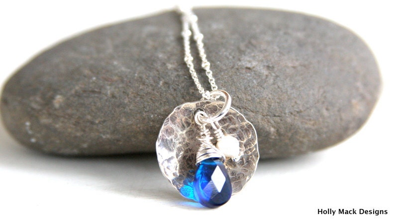 Simple sterling silver necklace, sterling silver disc, textured, wire wrapped blue quartz stone and freshwater pearl, Mother's Day Gift