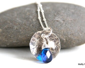 Simple sterling silver necklace, sterling silver disc, textured, wire wrapped blue quartz stone and freshwater pearl, Mother's Day Gift