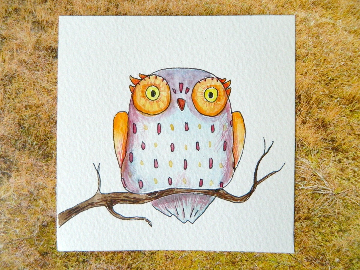 Mini original watercolor painting: cute owl 3 - 3.9" x 3.9" - FREE SHIPPING