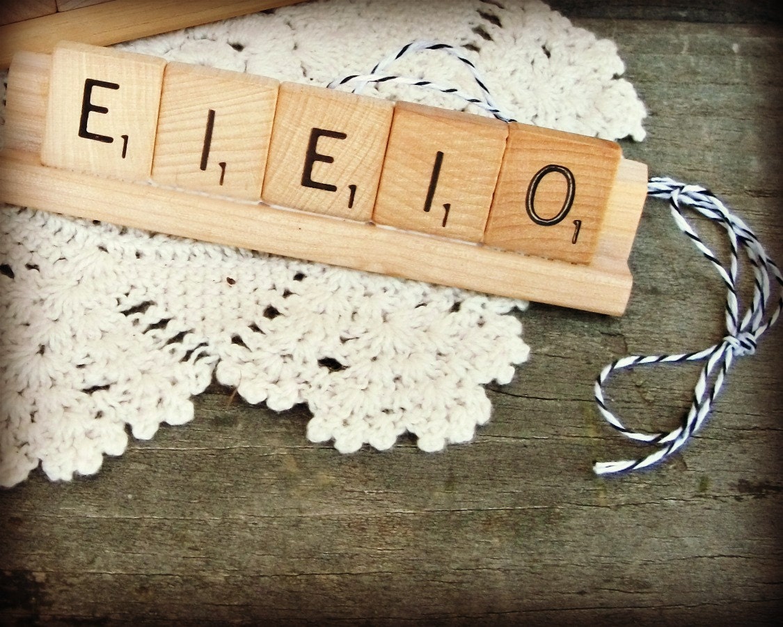 E-I-E-I-O Repurposed Wooden Scrabble Tile Rustic Farm Chicken Hen Christmas Holiday Tree Ornament