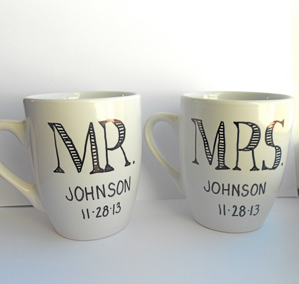 Set of Two Personalized Mr and Mrs Porcelain Mugs Hand Drawn for Wedding or Engagement Gift