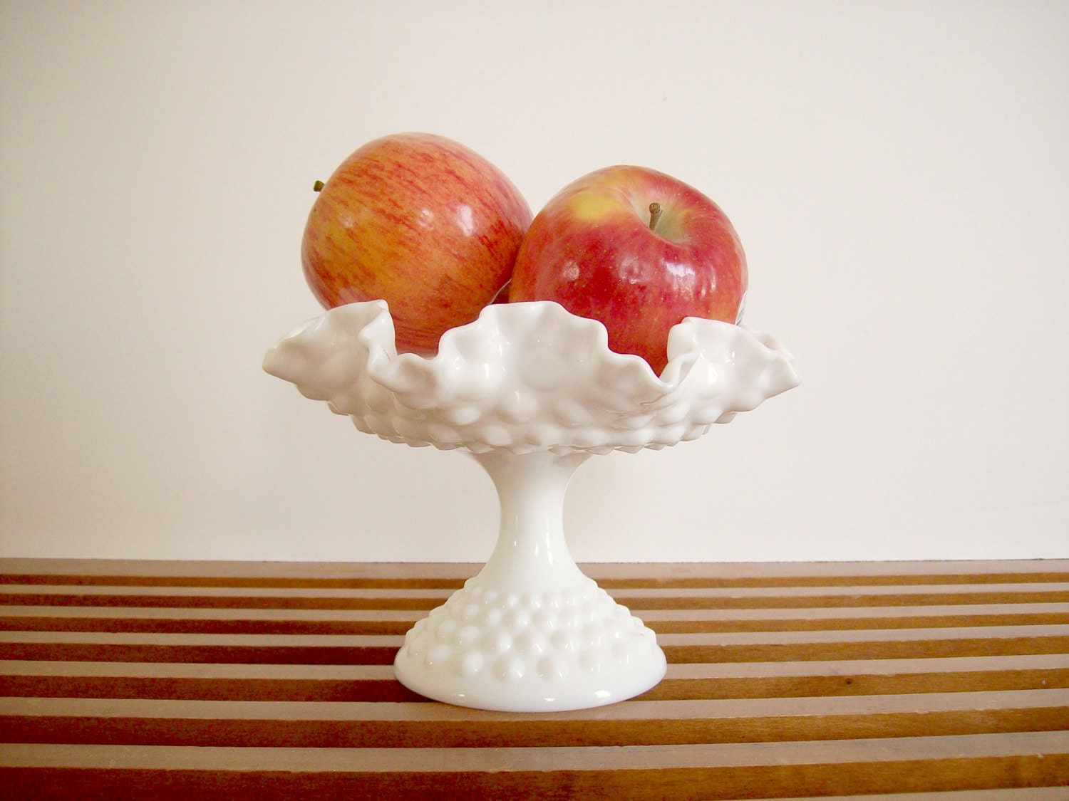 Fenton Hobnail Compote with Ruffled Edge, Vintage Milk Glass
