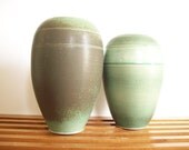 Matte Green Pottery Vases, Pair, Vintage Studio Pottery