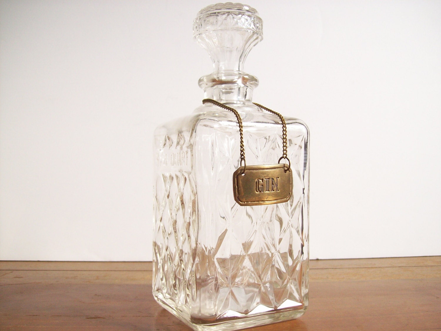 Vintage Glass Decanter with Brass Tag, Gin Decanter, Mid Century Barware