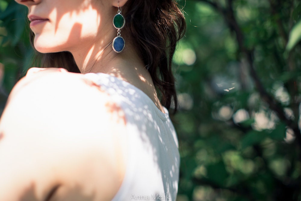 bright gemstone fashion LARGE bold dual earrings blue green pink jade stone silver statment earrings israel