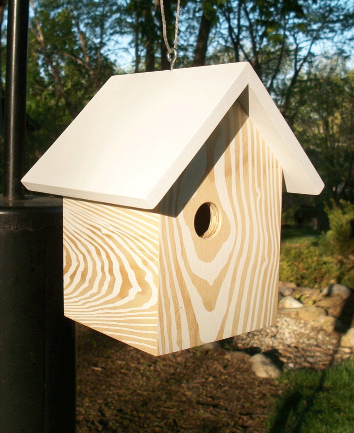 Modern Faux Wood Grain Birdhouse - Nest Box - Natural White