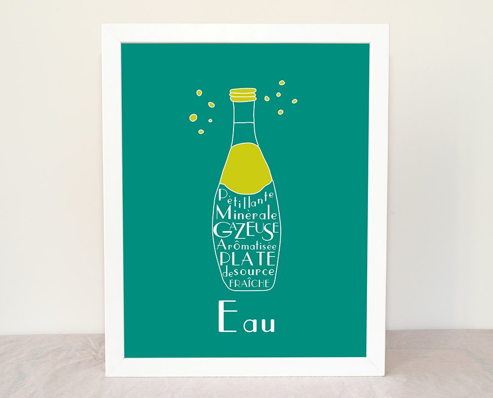 Typography Kitchen Art French Water EAU 8x10 Fine art custom print French Beverages Drinks Turquoise