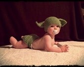 Baby Crochet Yoda Diaper Cover Set-Hat With Ears-Diaper Cover With Button & Brown Booties-Size Newborn-0/3mo-3/6mo-6/12mo-Photo Prop