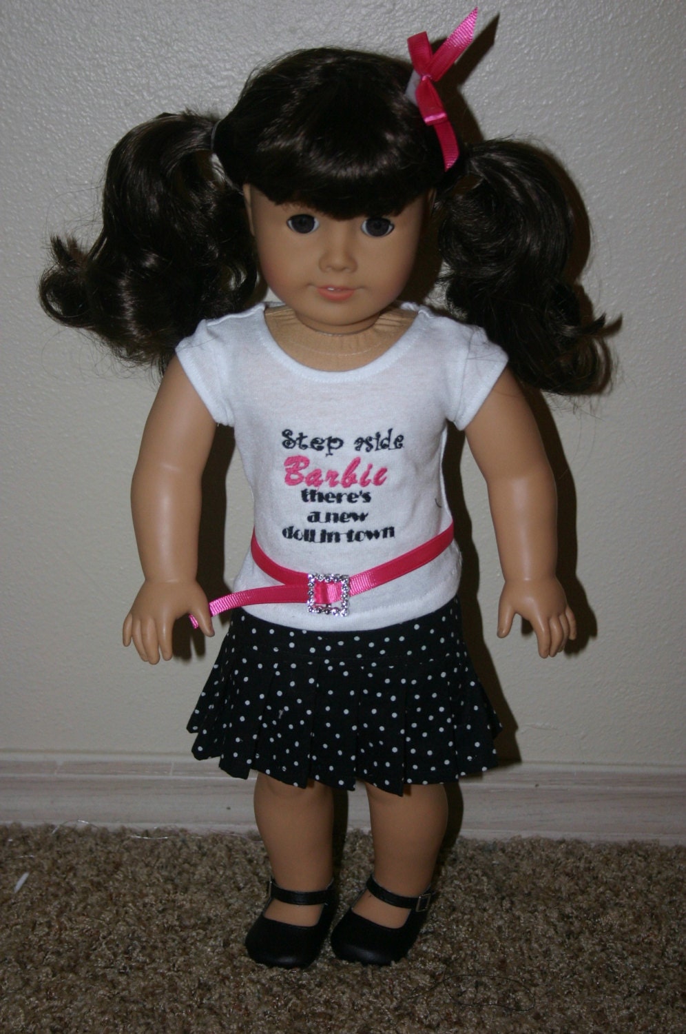 Step aside Barbie outfit for your 18 inch american girl or similar doll skirt, t-shirt, belt, hairbow
