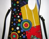 2in1 MEDIUM BAG haversack -cross body bag- hip bag- iPad case Travel Tote mixed fabrics in  Black-Colorful-Rainbow  with Circles