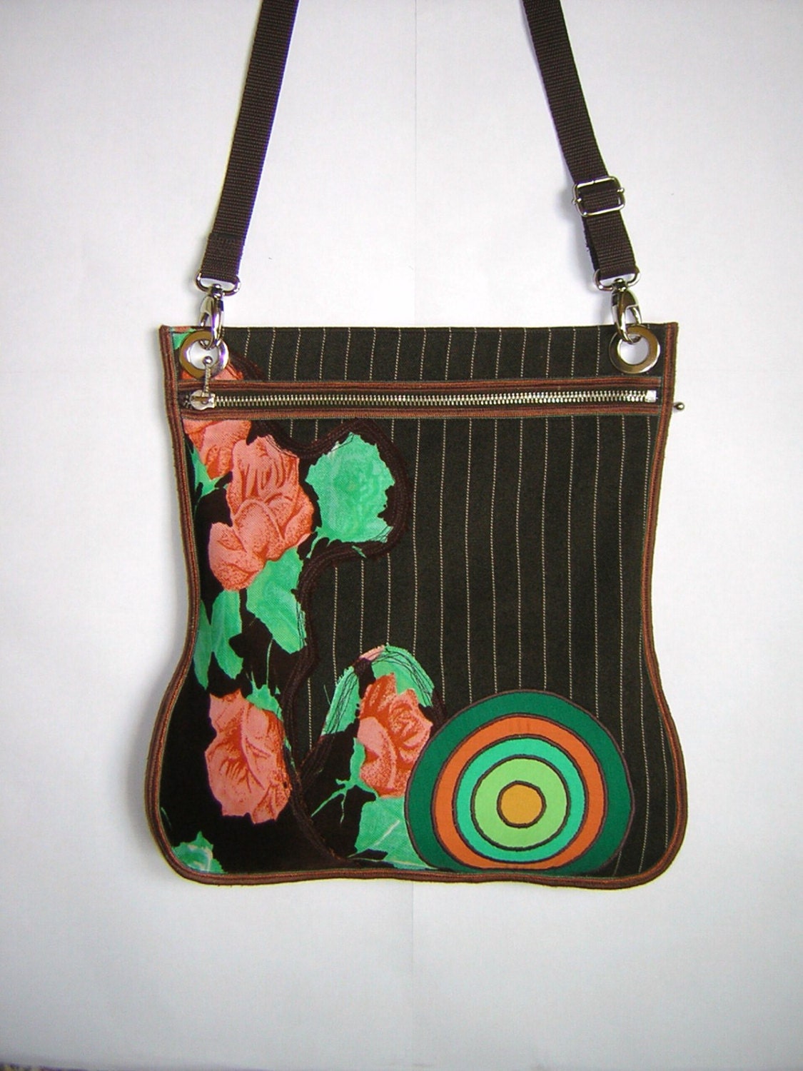 2in1 MEDIUM BAG haversack -cross body bag- hip bag- iPad case cover Travel Tote mixed fabrics in Brown-Orange-Green striped  with Circles