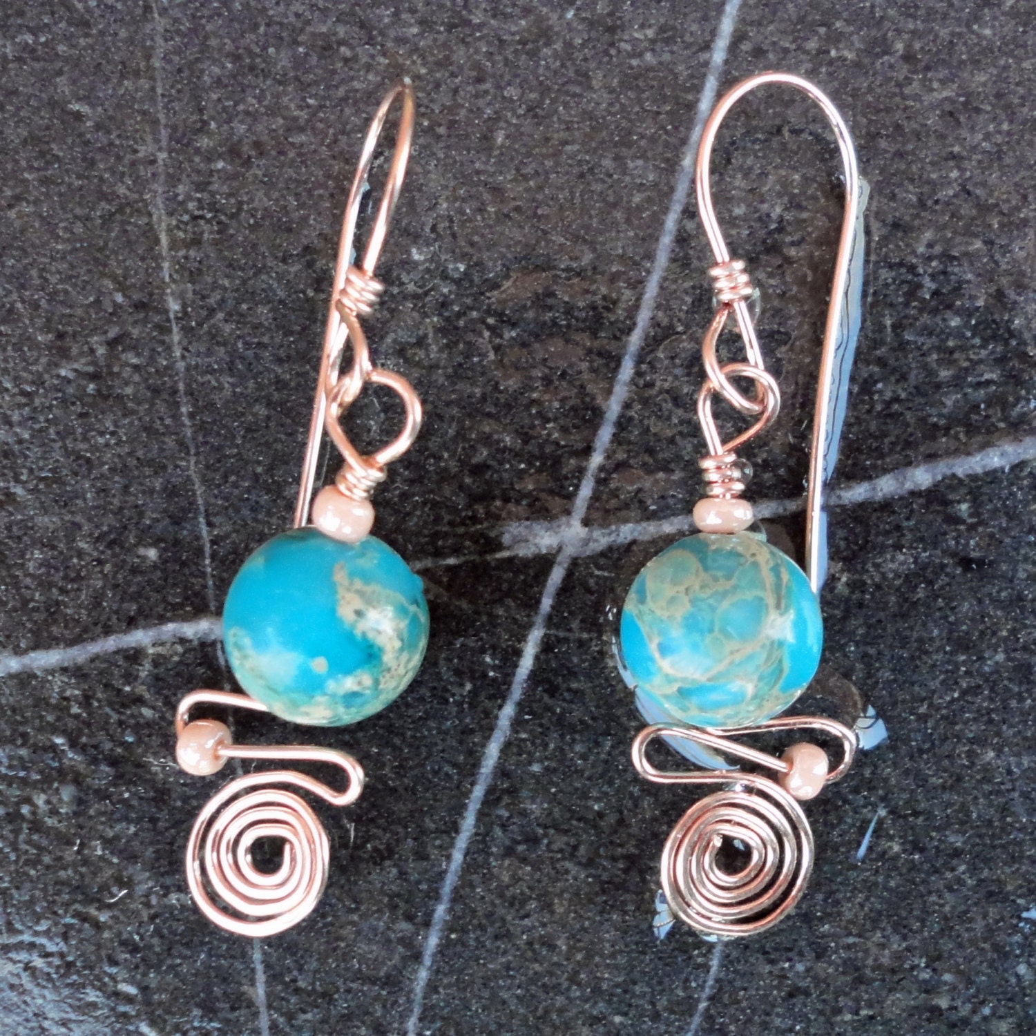 Abstract Wire Wrapped Earrings Jasper 14 K Rose Gold