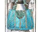 Bohemian Bag Purse Turquoise Aqua Cut Velvet