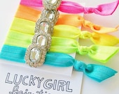 Big Bling, Set of 5 Neon Hair Tie Bracelets with Charm by Lucky Girl