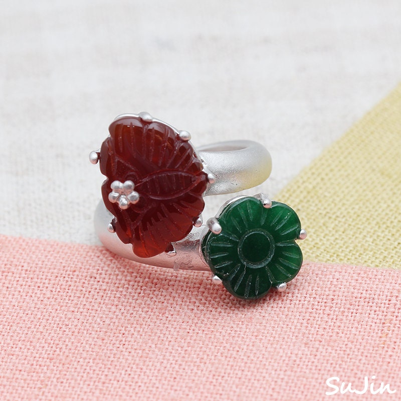 Red Coral and Green Jade, Wrap Ring, Adjustable Style 2.