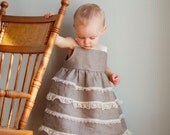 Size 3 months to 24 months- Linen and Lace Back Tie Dress - Flower Girl Dress- Special Occasion Dress