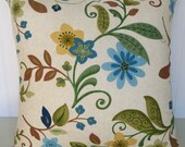 Decorative Pillow Cover--20 x 20--Contemporary Floral Cotton Throw Pillow--Aqua, Blue, Green, Yellow, Brown, Cream