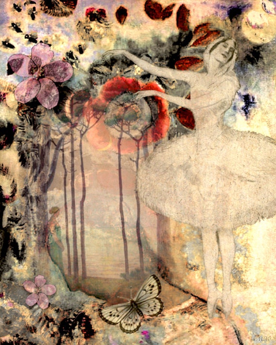 Ballet Art Print, Mixed Media Collage, Ethereal Art 8 x10 "Sunset Ballet" 8 x 10 by Eahkee