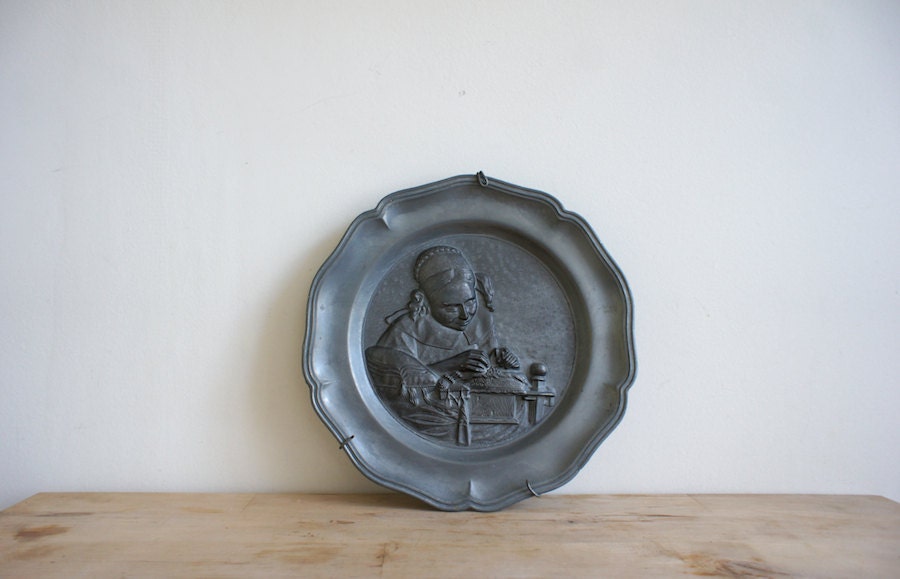 Vintage French Pewter Plate // Decorative Wall Hanging // Folk Embroidery // Traditional Woman // Silver Grey // French Country Rustic Decor