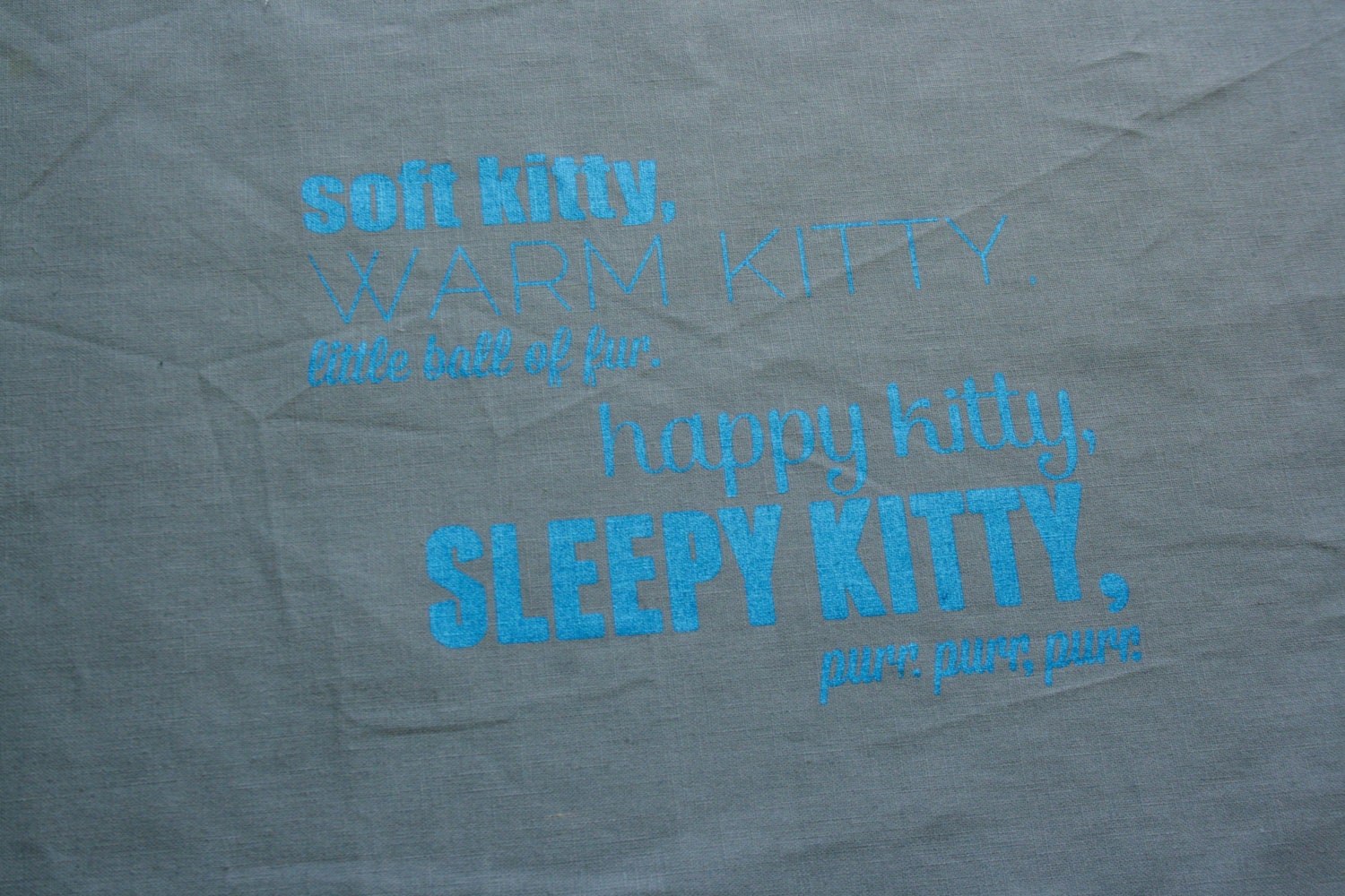 Soft Kitty Linen Screen Print - blue on grey