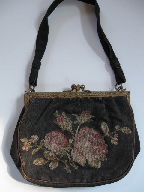 Vintage Shabby Edwardian Needlepoint Roses Black Purse