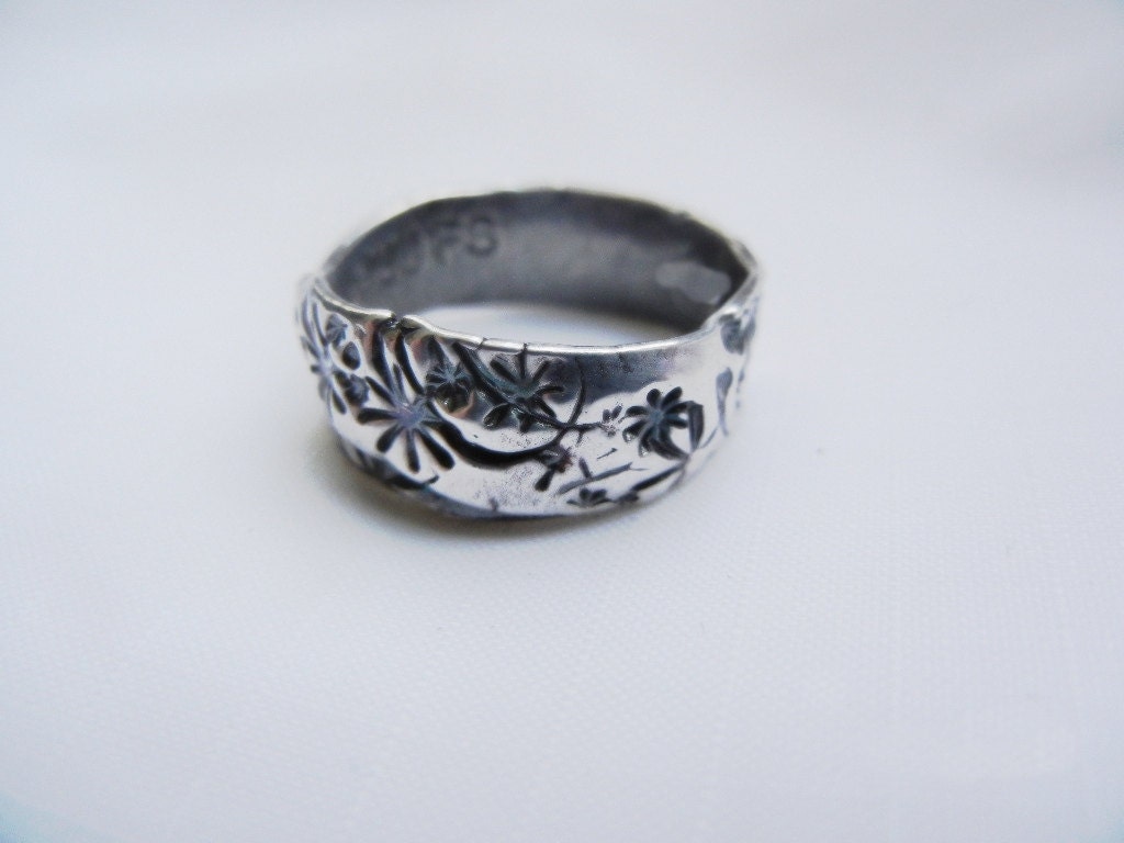 Rustic Stamped Silver Floral Wrap Ring Fine Silver 99.9, Christian Jewelry Original, Boho and organic in irregularity.