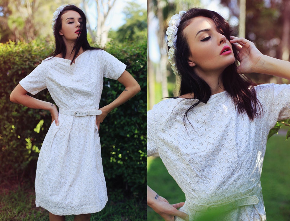 1950s Cream Eyelet Lace Party Swing Dress