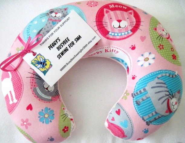 Travel Pillow - Head Neck Support - Child Kids Size - Kitty Cat Kitten Pink Flower Heart Pink Minky READY TO SHIP