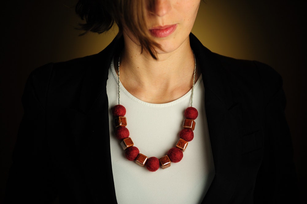 Felt Necklace Chunky Beadwork Rusty Orange Necklace / Statement Necklace Autumn Jewelry