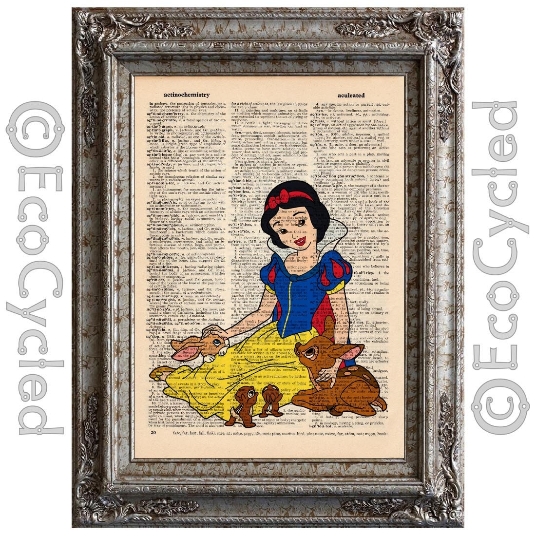 Snow White with Animals on Vintage Upcycled Dictionary Page Book Art Print Recycled Disney Princess