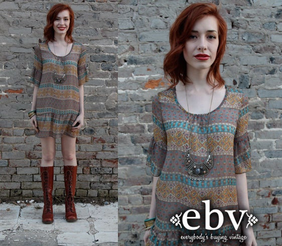 Vintage 90s does 70s Ethnic Print Bell Sleeve Mini Dress S M
