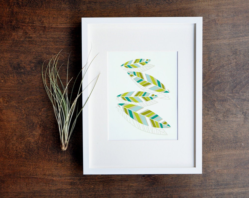 Feather Art Print - Teal and Green Wall Decor - 8x10