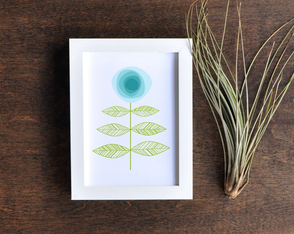 Floral Wall Art - Blue and Green Poppy Print - 5x7 Nature Decor