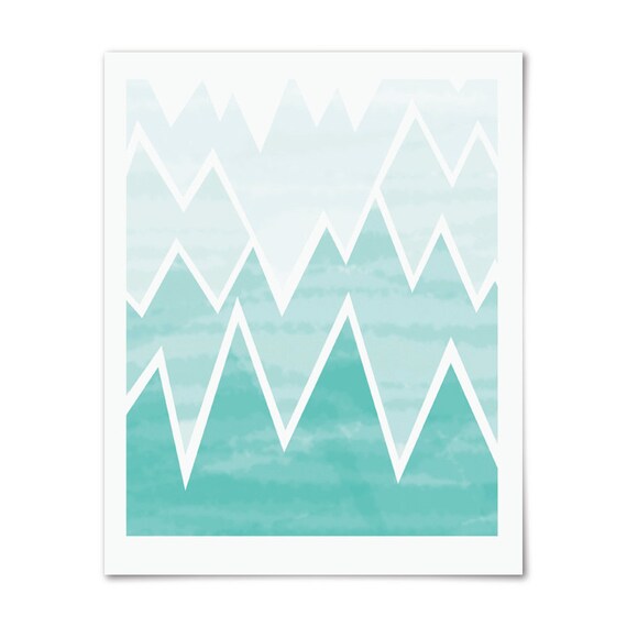 Aqua Ombre Geometric Wall Decor - Mountain Range Art Print - 8x10