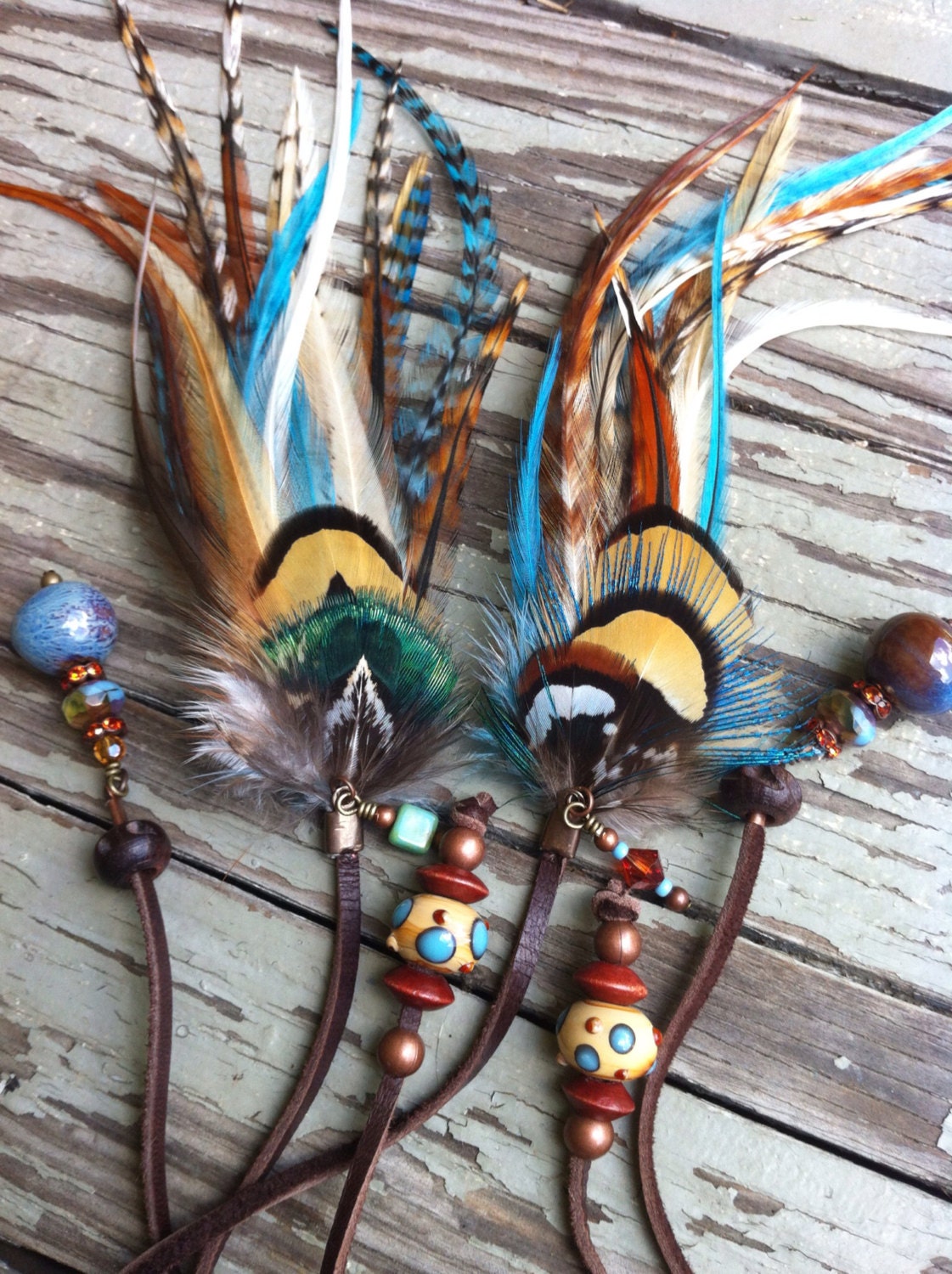Gorgeous teal blue orange and brown braided leather feather headband belt lariat